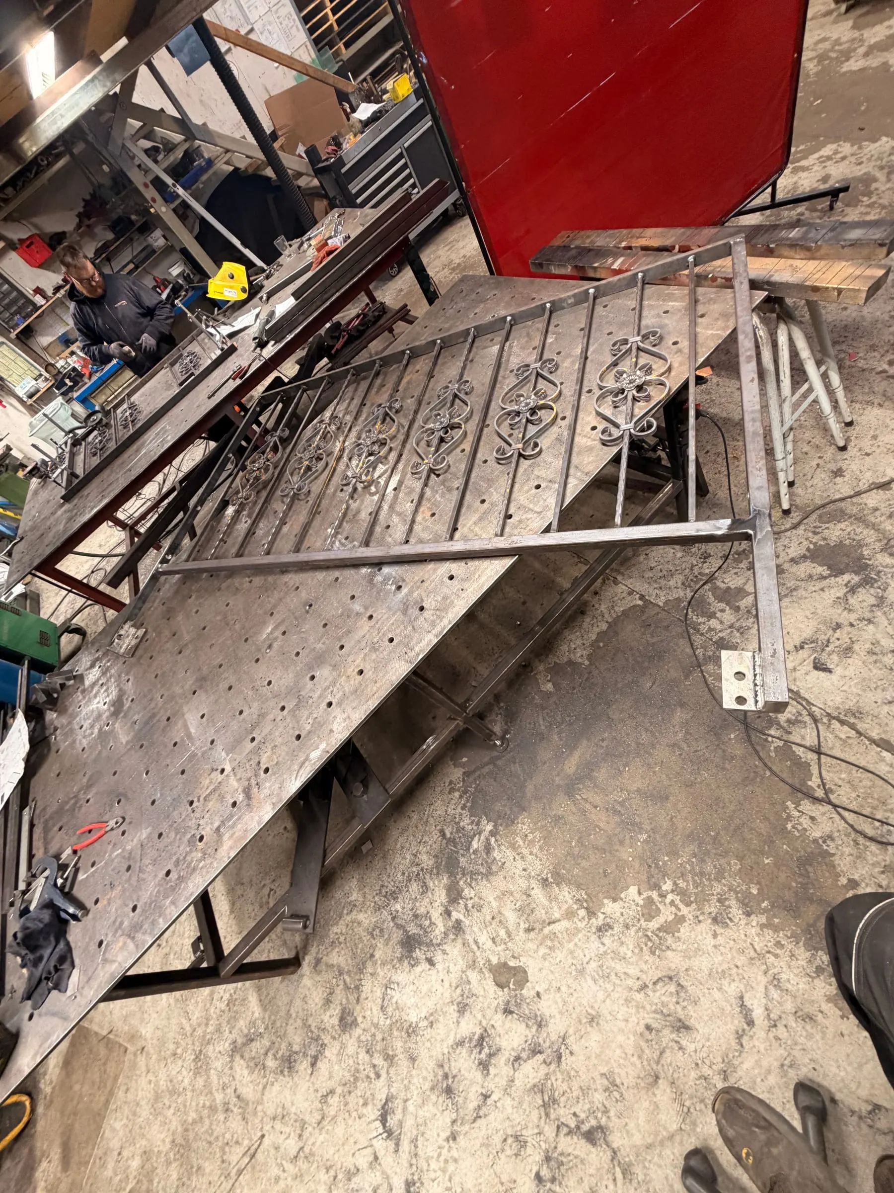 Stair railing being fabricated